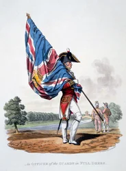 Uniforme de um oficial dos guardas em plena vestimenta com cores, de &39;traje do Império Britânico, de acordo com o último Regulamento&39;, publicado em 1812-15 (aquatinta colorido à mão)